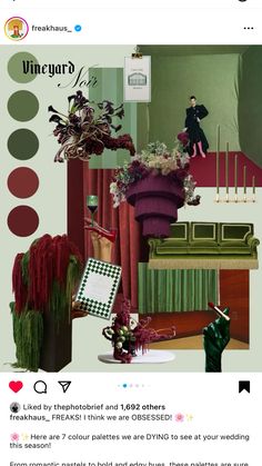 an image of a room with green walls and red curtains on the bottom right hand corner