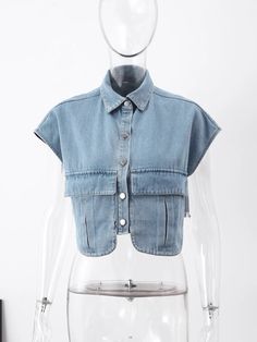 Short Vest, Short Denim, Pant Shirt, Outerwear Coats, Denim Vest, Denim Top, Jacket Outfits, Summer Collection, Single Breasted