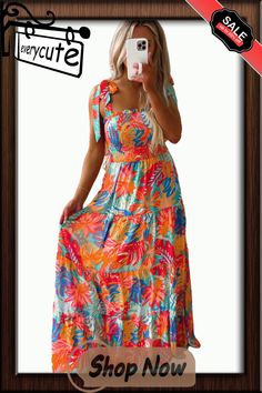 Multicolor Vibrant Tropical Print Smocked Ruffle Tiered Maxi Dress Multicolor Smocked Ruffle Dress For Brunch, Multicolor Ruffled Smocked Brunch Dress, Multicolor Ruffled Smocked Dress For Brunch, Summer Multicolor Smocked Dress With Smocked Bodice, Summer Multicolor Maxi Dress With Smocked Bodice, Multicolor Summer Maxi Dress With Smocked Bodice, Multicolor Smocked Dress For Summer, Multicolor Smocked Dress With Smocked Bodice For Summer, Multicolor Tiered Maxi Dress With Smocked Bodice