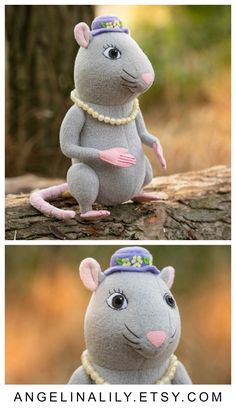 two pictures of a stuffed mouse sitting on top of a tree branch