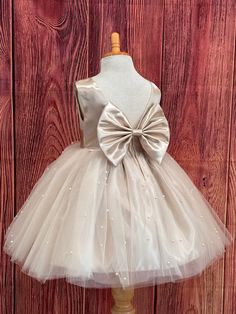 Champagne Flower Girl Dress, Princess Photoshoot, Girls Wedding Dress, Champagne Flower Girl, Flower Girl Dresses Champagne, Dress With Pearls, Champagne Flowers, Bow Fabric, Wedding Dress Champagne