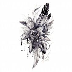 a drawing of flowers and feathers on a white background