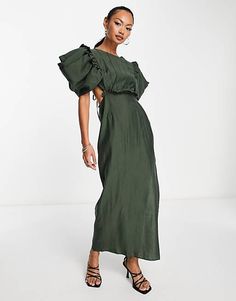 ASOS DESIGN pintuck midi dress with puff sleeve & cut-out waist detail in dark green | ASOS Chic Green Maxi Dress With Gathered Sleeves, Chic Green Maxi Dress With Puff Sleeves, Chic Green Midi Dress With Tie Back, Chic Green Midi Dress With Pleated Sleeves, Green Midi-length Puff Sleeve Dress With Gathered Sleeves, Green Midi Length Puff Sleeve Dress With Gathered Sleeves, Green Midi Puff Sleeve Dress With Gathered Sleeves, Green Puff Sleeve Maxi Dress For Brunch, Dark Green Dress