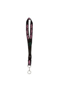 a black lanyard with pink and green letters on the front, and a metal hook at the end