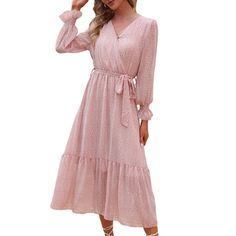 Pink V Neck Long Sleeve Floral Dress with Belt Pink Chiffon Dress For Fall, Feminine Fall Chiffon Midi Dress, Feminine Chiffon Midi Dress For Fall, Long Sleeve Chiffon Midi Dress For Day Out, Chiffon Long Sleeve Midi Dress For Day Out, Belt Women, Dresses Floral, Dress With Belt, Long Sleeve Floral Dress