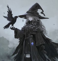 a woman dressed as a witch holding a crow