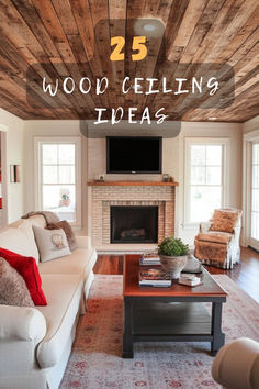 a living room with wood ceilinging and white couches in front of a fireplace