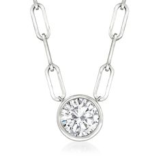 Ross-Simons - 1.00ct Bezel-Set Diamond Solitaire Paper Clip Link Necklace. 18". Embrace a modern spin on the classic solitaire necklace! Here, a bright 1.00 carat round brilliant-cut diamond is bezel-set in polished 14kt white gold and suspended from a sleek and stylish paper clip link chain. Perfect for everyday wear or layering with other on-trend favorites. Lobster clasp, diamond paper clip link necklace. Diamond birthstones are the perfect gift for April birthdays. Solitaire Diamond Pendant, Solitaire Necklace, Diamond Birthstone, Diamond Jewelry Necklace, Necklace Diamond, Fine Jewelery, Solitaire Necklaces, Bezel Set Diamond, Square Pendant