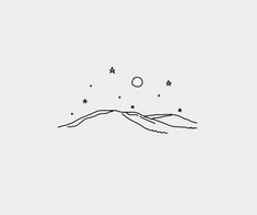 a black and white drawing of mountains with stars in the sky