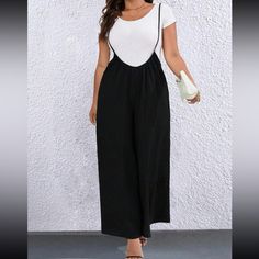 Shein Lune Plus Solid Wide Leg Suspender Jumpsuit F Without Tee) Size: 0xl Color: Black Material: 95% Polyester, 5% Elastane Product Measurement Length:57.9 Inch, Inseam:28.3 Inch, Waist Size:46.5 Inch, Hip Size:64.6 Inch, Thigh:40.2 Inch **Never Worn _no Damages ++Excellent Condition Suspender Jumpsuit, Shein Pants, Measurement Length, Waist Size, Pant Jumpsuit, Wide Leg, Pants For Women, Jumpsuit, Pants