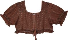 This bohemian crop top is crafted from brown rayon and features intricate embroidery throughout, adding texture and depth to its appearance.  The top is designed with half sleeves and a scoop neckline, enhancing its casual yet stylish look. #tlb #Embroidered #bohemianfashion #fairytop #renaissancetop #oldstyletop Brown Cottagecore, Vintage Style Blouses, Buy My Clothes, Brown Tunic, Fairy Top, Cottagecore Shirt, Boho Crop Tops, Hippie Look, Trendy Skirts