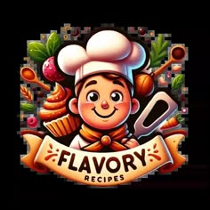 the logo for flavored desserts with a chef holding a large knife in his hand