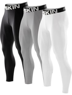 three pairs of men's tight pants with the words skin on them in black, white and grey