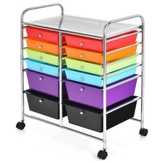 a multicolored cart with six bins on wheels