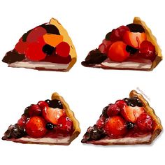 three slices of pie with fruit on top