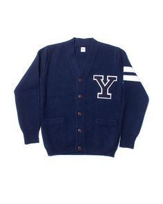 Yale Wool Varsity Cardigan | J. Press Navy Sweater For College In Fall, Classic Wool Varsity Jacket For Winter, Classic Winter Cardigan For Streetwear, Navy Winter Sweater For College, Navy Winter College Sweater, Winter Cardigan For College, Winter College Cardigan, Sporty Winter Cardigan With Ribbed Cuffs, Long Sleeve Collegiate Cardigan For College