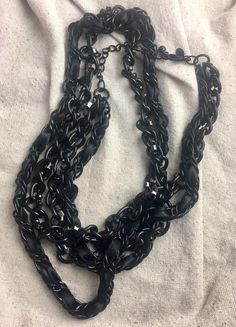 Vintage 1980 Chico's Back Rhinestone Chain Necklace, satin ribbon, 36" and 42", 4" extender, signed Black Chain Strap Necklace For Party, Black Double Strand Necklace For Party, Vintage Black Metal Chain Necklace, Black Double Chain Necklace For Party, Metal Rhinestone Necklace With Chain For Evening, Black Metal Jewelry With Chain Strap, Black Double Chain Link Necklace, Black Chain Link Necklace For Party, Black Metal Double Chain Necklace