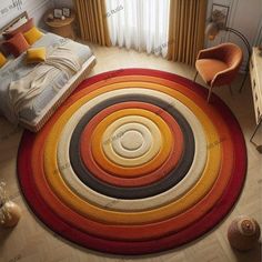 a bedroom with a round rug on the floor