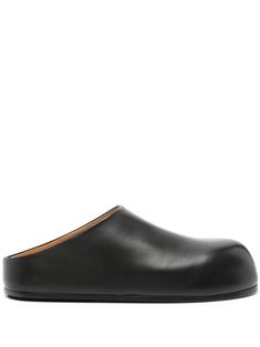 black calf leather smooth grain slip-on style round toe branded leather insole flat leather sole logo at the sole Black Calf Leather Slip-ons With Textured Sole, Black Leather Sole Slide Slippers, Black Leather Lined Slip-on Slippers, Black Slippers With Leather Footbed, Single Toe Strap, Black Leather Sole Slip-on Clogs, Leather Slippers, Italian Luxury, Mule Clogs, Mules Shoes