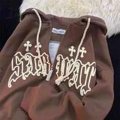 Alt Cute Zip Up Hoodie Brown Winter Sweatshirt With Letter Print, Spring Fitted Hoodie With Letter Print, Spring Letter Print Hoodie Outerwear, Spring Letter Print Hoodie, Brown Letter Print Hooded Top, Hooded Brown Tops With Letter Print, Brown Hooded Tops With Letter Print, Brown Hooded Top With Letter Print, Fitted Brown Hoodie For Winter