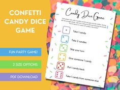 confetti candy dice game is shown on a colorful background with sprinkles