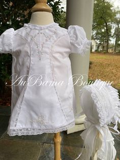 Sweet baby dress has shaped lace and lots of hand embroidery Optional bonnet Shown in white, but can make in most colors Your little angel will have wings in this beautiful little dress Fitted Embroidered Lace Baptism Dress, White Embroidered Dress For Baptism, Fitted White Cotton Baptism Dress, White Fitted Cotton Baptism Dress, White Embroidered Baptism Dress For Ceremony, Fitted Baptism Dress With Embroidered Short Sleeves, Fitted Baptism Dress With Lace Trim For Church, Fitted Embroidered Cotton Baptism Dress, Embroidered Fitted Cotton Baptism Dress