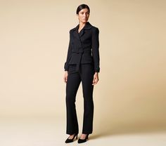 "Cut for a flattering slim-fit, this double breasted black blazer is crafted from a lightweight, luxurious viscose fabric. Complete with a cloverleaf lapel and finished with two-button cuffs - this blazer comes with the option of matching fitted pencil tuxedo pants, to form a womens suit. Jacket: - fitted silhouette - peplum style - cloverleaf lapel - double breasted closure - fabric buttons - matching fabric belt with buckle - fully lined Pants: - high rise - straight style - hook&loop + zi Office Lady Pantsuit For Fall, Fall Office Lady Pantsuit, Elegant Black Double Breasted Suit For Office, Elegant Black Double-breasted Suit For Office, Chic Suits With Lapel Collar For Career, Chic Black Tailored Double Breasted Suit, Chic Career Suits With Lapel Collar, Fitted Career Pantsuit For Office, Fitted Office Lady Pantsuit For Career