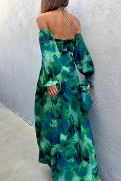 Good news -- we're restocking this style soon! If your size is sold out, select your size and register your email to be notified when it's available. Our Karma Maxi Dress features a halter neck style, cut outs under the bust, side split, off the shoulder elastic sleeves, and an invisible centre back zipper. This garment has lining and no stretch. 100% Polyester. Please refer to care label for garment care instructions. Colours may appear slightly different to the website due to lighting, compute Summer Party Dress With Elastic Shoulders, Vacation Dress With Elastic Sleeves, Fitted Dress With Elastic Sleeves For Vacation, Ruched Off Shoulder Maxi Dress For Summer, Summer Ruched Off-shoulder Maxi Dress, Elegant Fitted Off Shoulder Beach Dress, Green Off-shoulder Midi Dress For Date Night, Spring Fitted Cold Shoulder Maxi Dress, Ruched Long Sleeve Off Shoulder Dress For Summer