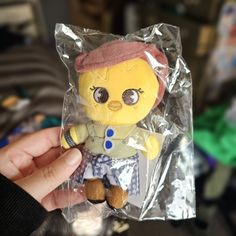 a person holding a stuffed animal in a plastic bag