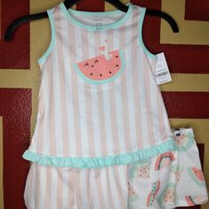 Carter's Watermelon Blush Pink & Mint Green Striped Ruffled 3 Piece Pajama Set. Cool Sleeveless Watermelon Embroidered Pajama Top With Cute Striped Ruffle Pajama Shorts And An Additional Pair In A Bright Watermelon Print. Playful Pink Cotton Sleepwear, Summer Cotton Sleepover Sets, Summer Cotton Sets For Sleepovers, Cotton Summer Sets For Sleepover, Pink Summer Bedtime Sets, Playful Bedtime Sets For Spring, Pink Summer Pajama Party Sets, Pink Summer Sets For Pajama Party, Playful Sleeveless Summer Sleepwear