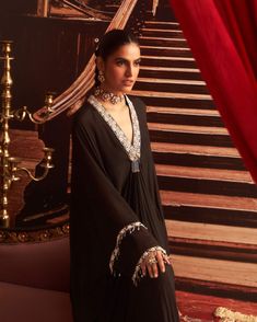 Indulge in luxurious style with this black embellished draped kaftan, designed for effortless sophistication. The flowing silhouette combined with intricate embellishments creates a stunning look that is perfect for upscale gatherings or elegant evening events. Draped Kaftan, Chiffon Kaftan, Vacuum Storage, Stunning Style, Indian Wedding Wear, Embroidered Chiffon, Sleeves Blouse, Chic And Elegant, Cocktail Event