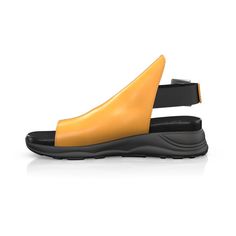 Modern Yellow Leather Sandals, Yellow Open Toe Leather Slingback Sandals, Yellow Leather Open Toe Slingback Sandals, Modern Orange Round Toe Sandals, Modern Orange Sandals With Round Toe, Yellow Leather Sandals With Single Toe Strap, Orange Leather Open Toe Sandals, Modern Orange Leather Sandals, Modern Orange Sandals With Removable Insole