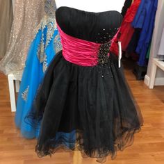 Black And Fuchsia (Pink) Prom Dress With Black Rhinestones, Style No. 1002 Black And Hot Pink Dress, Y2k Short Dress, Black And Pink Party Decorations, Scene Prom Dress, Black And Pink Prom Dress, Scene Dresses, Emo Prom, Scene Clothes, Y2k Prom Dress