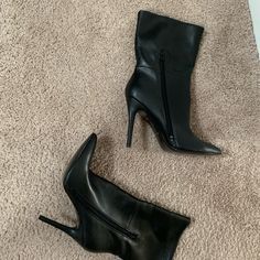 Never Worn Excellent Condition. High Heel Faux Leather Mid-calf Boots For Office, Trendy Leather Boots With 4-inch Heel, Casual Leather Party Boots, Casual Leather Boots For Party, Black Closed Toe Mid-calf Boots In Faux Leather, Black Closed Toe Mid-calf Faux Leather Boots, Black Faux Leather Heeled Boots For Office, Black Faux Leather Mid-calf Boots Closed Toe, Black Closed Toe Heeled Boots In Faux Leather