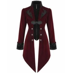 Prime Quality Handmade Gothic/Steampunk Vampire Style Mens Jacket In Deep Wine Red Velveteen Polyester Fabric. Unique Design With Contrast Black Velvet Front Cutaway, Fastening With A Zipper And Ornate Braided Chinese Knot At The Centre, Complete With Decorative Custom Buttons To Each Side. Contrast Black Velveteen Collar And Cuffs, Plus Matching Lapel Detail And Buttoned Tab Panel To The Back Finished Perfectly With Decorative Button Detailing! 100% Velveteen Polyester, Fully Lined In Sateen Po Gothic Stand Collar Outerwear For Costume Party, Gothic Stand-collar Outerwear For Costume Party, Gothic Outerwear With Stand Collar For Costume Party, Vampire Style Winter Costume Outerwear, Punk Style Formal Winter Outerwear, Winter Formal Punk Outerwear, Steampunk Outerwear For Costume Party In Winter, Steampunk Winter Outerwear For Costume Party, Vampire Style Outerwear With Buttons For Costume Party