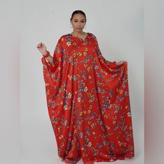 New Without Tags Handmade Red Multicolor Handmade Floral Print Oversized Maxi Kaftans Dress Satin Polyester Handmade One Size Fits All Red Flowy V-neck Kaftan, Red V-neck Free Size Kaftan, Red Floral Print V-neck Kaftan, Red V-neck Kaftan For Spring, Flowy Red V-neck Kaftan, Red Floral Print Long Maxi Dress, Red Maxi Length Kaftan For Spring, Red Spring Maxi Length Kaftan, Spring Red Maxi Length Kaftan