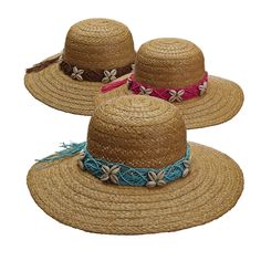 Handmade hats designed by John Callanan. Braided raffia capeline -floppy- hat. Macrame band with shell accent. Inner drawstring to adjust fit. One size fits most. 100% raffia Adjustable Brimmed Bucket Hat For Beach Season, Adjustable Curved Brim Hat For Sunbathing, Sun Hats With Uv Protection For The Beach, Adjustable Brimmed Bucket Hat For The Beach, Brimmed Hats With Uv Protection For Beach, Adjustable Flat Brim Panama Hat For Sunbathing, Adjustable Sun Hat With Curved Brim For Vacation, Adjustable Wide Brim Bucket Hat For Pool, Adjustable Flat Brim Hat For Sunbathing