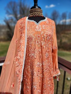 Beautiful orange and peach chikankari.  Ready to ship. Pure Chiffon, Salwar Kameez, Chiffon, Thread, Blazer, Pure Products, Orange, Clothes For Women, White