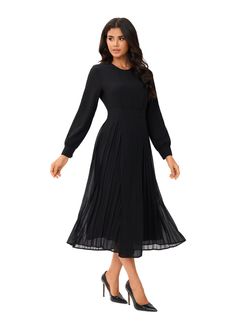 Unleash your inner fashionista with the "Ethereal Noir Midi Dress." Crafted with a flat front pleated design, this dress presents a unique blend of comfort and high-end fashion. Its full lining, excluding the sleeves, enhances its luxurious feel. Measuring 49.5 inches from the high point of the shoulder, it showcases detailed cuffs that add a chic touch to the classic noir. For an ideal fit, please refer to our body measurements guide. To maintain its premium quality, hand wash, line dry, cool i Flowy A-line Pleated Midi Dress, Elegant Chiffon A-line Pleated Dress, Spring A-line Long Sleeve Pleated Dress, Elegant Flowy A-line Pleated Dress, Spring Pleated A-line Long Sleeve Dress, Pleated A-line Midi Dress For Daywear, Black Long Sleeve Dress With Pleated Skirt, Elegant Pleated Long Sleeve Dress For Party, Elegant Fall Midi Dress With Pleated Back