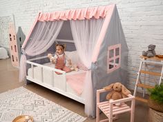 ✯ PRICE is for a Set of Wooden Bed with Legs & Slats and Princess Palace Canopy Tent in Grey and Pink Color ✯ NOTE Mattress and bed linen are not included in the price We recommend using mattress with a thickness of 20 cm / 7,9 in. The parameters you have chosen represent the mattress size, but the bed size will be larger than these dimensions. If you need to know the bed size, please send a message in private. The USA Twin 75x38" bed is shown in the photo of the listing. The maximum weight depends on the size of the bed. Thus, the maximum weight for the small size bed is 176,4 lbs. The maximum weight for the big size bed is 264,6 lbs. The top beams can hold up to 66 lbs in case the child wants to climb. ✭ At this listing, you can buy a bed with a canopy tent a design like in photos. ✭ On Montessori Bed Toddler, Toddler Bed Canopy, House Bed Canopy, Toddler Play Tent, Castle Bed, Canopy Bed Curtains, Princess Palace, Canopy Bed Frame, Nursery Canopy