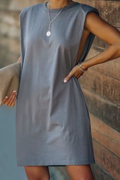 Gray Padded Shoulder Sleeveless Cotton Pocketed Mini Dress Sleeveless Shift Midi Dress For Day Out, Gray Sleeveless Sundress, Gray Sleeveless Midi Dress For Summer, Gray Sleeveless Spring Dress, Sleeveless Shift Midi Dress In Solid Color, Sleeveless Dresses Casual, China Dress, Mini Dresses For Women, Young Fashion