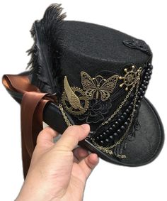 Adjustable Costume Hats For Themed Events, Themed Cap For Costume Party, Adjustable Wide Brim Costume Hats For Themed Events, Fitted Brimmed Hat For Themed Events, Steampunk High Crown Costume Accessories For Cosplay, Steampunk Halloween Festival Headpiece, Black Steampunk Top Hat For Alternative Fashion, Steampunk Top Hat With Curved Brim For Costume, Themed Fitted Hat For Cosplay