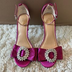 Express Magenta Satin Jeweled Bow Sandal! Nwt Purple Satin Heels, Elegant Purple Sandals With Buckle Closure, Formal Flat Sandals With Heel Strap, Purple Party Sandals With Buckle Closure, Flat Sandals With Heel Strap For Party, Formal Summer Shoe Clips, Flat Shoe Clips For Party, Purple Flat Sandals For Party, Bow Sandals