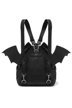 Bats are a girls best friend. Show your love for our furry night flyers with the Waverley backpack created by Lost Queen. Large black rucksack with cute bat ears and detachable bat wings. Ideal for long night walks, summer (eww) day trips and with enough space to carry everything you need. Secures safely with long zip around the body and front pocket to get things quickly. Rucksack straps are adjustable so can fit over any coat or be shortened for thinner clothing. Bat Wings are removable "Waver Bat Wing Backpack, Goth Mini Backpack, Black Leather Backpack Aesthetic, Wing Backpack, Goth Bags, Bat Backpack, Phantom Ghoul, Goth Backpack, Gothic Backpacks