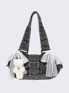 Enhance your coquette outfit with our Washed Grey Denim Buckle Bag adorned with multi-pockets, rings, studs, eyelets, a lace bow, and a teddy bear beaded keychain. Embrace cutecore Y2K-inspired vibes with this must-have accessory, available now at Minga London! Teddy Keychain, Purse Aesthetic, Multi Pocket Bag, Minga London, Coquette Outfit, Buckle Bag, Denim Bags, London Bags, Beaded Keychain