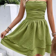 This Is Shein, Never Worn, No Tags. This Is A Size 12 Xl. Color: Olive Green Style: Boho Pattern Type: Plain Details: Tiered Layer, Ruched Neckline: Strapless Type: A Line Sleeve Length: Sleeveless Waist Line: High Waist Hem Shaped: Layered/Tiered Length: Short Fit Type: Regular Fit Fabric: Non-Stretch Material: Woven Fabric Composition: 100% Polyester Care Instructions: Machine Wash Or Professional Dry Clean Sheer: No Dresses Shein, Shein Dress, Green Style, Boho Patterns, Shein Dresses, Tube Dress, Style Boho, Green Fashion, Ruffle Hem