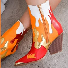 Flame Patterned Color Block Layers Man Made Textile Lining Synthetic Sole 3.5” Heel Height Chunky Western Heel Pointed Toe With Toe Guard New In Box Aries Rising, Cowgirl Ankle Boots, Snake Skin Boots, Fold Over Boots, Boho Country, Red Booties, Dopamine Dressing, Wishlist 2024, Floral Boots