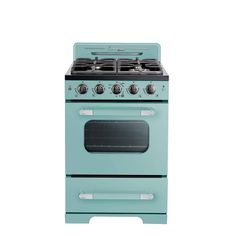 a blue stove with two burners and one oven door on the front, against a white background