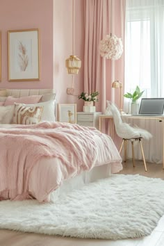 a bedroom decorated in pink and gold with white fur rugs on the floor next to a bed