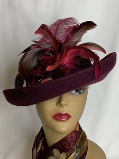 Deep Plum Burgundy Customized hat. For any event, Church, Kentucky derby, Tennis match, Christmas gift, Easter hat, Mothers Day, Tea Party. Free scarf if shown in picture. Custom Formal Hat With Short Brim, Bespoke Flat Brim Hat, Custom Formal Hat For Kentucky Derby, Custom Hat For Kentucky Derby, Fitted High Crown Hat For Kentucky Derby, Custom Fitted Brimmed Top Hat, Fitted High Crown Hats For Races, Fitted Fedora Mini Hat For Formal Occasions, Bespoke Brimmed Hat With Adjustable Fit